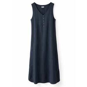 J. Jill 100% Linen Sleeveless Button Front V-Neck Midi Dress Black Pockets L